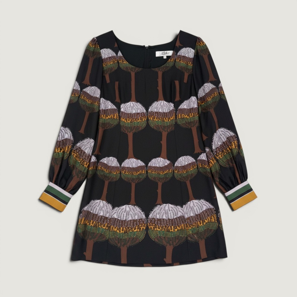 Tibi Arboretum Mini Dress Size 4 Black Silk Wool Tree Print Long‎ Sleeve
